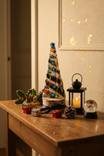 Load image into Gallery viewer, Christmas Tree with multicolor blown glass and dichroic pieces in birch Wood Stand