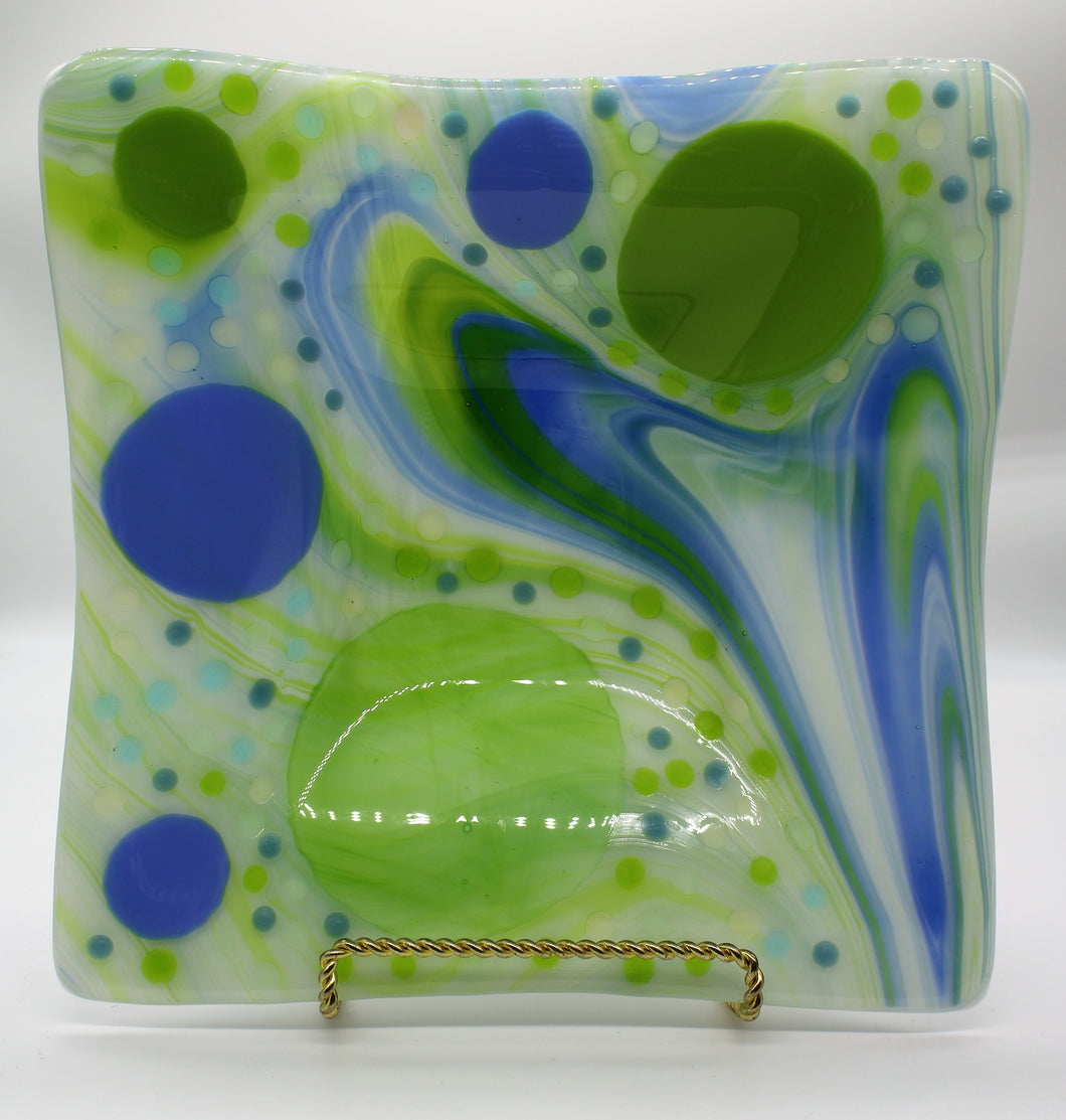 16 Inch Square Green and Blue Bubbles Bowl