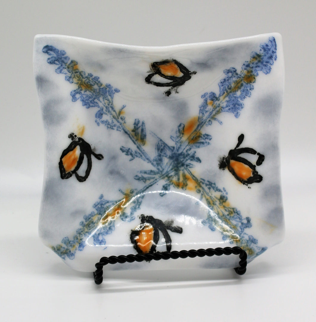 White Dish with Blue stamping and black butterflys