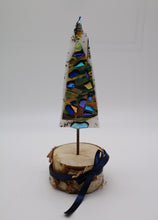 Load image into Gallery viewer, Christmas Tree with multicolor blown glass and dichroic pieces in birch Wood Stand
