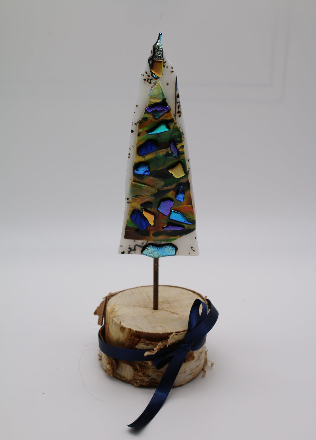 Christmas Tree with multicolor blown glass and dichroic pieces in birch Wood Stand