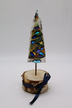 Load image into Gallery viewer, Christmas Tree with multicolor blown glass and dichroic pieces in birch Wood Stand
