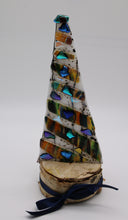 Load image into Gallery viewer, Christmas Tree with multicolor blown glass and dichroic pieces in birch Wood Stand
