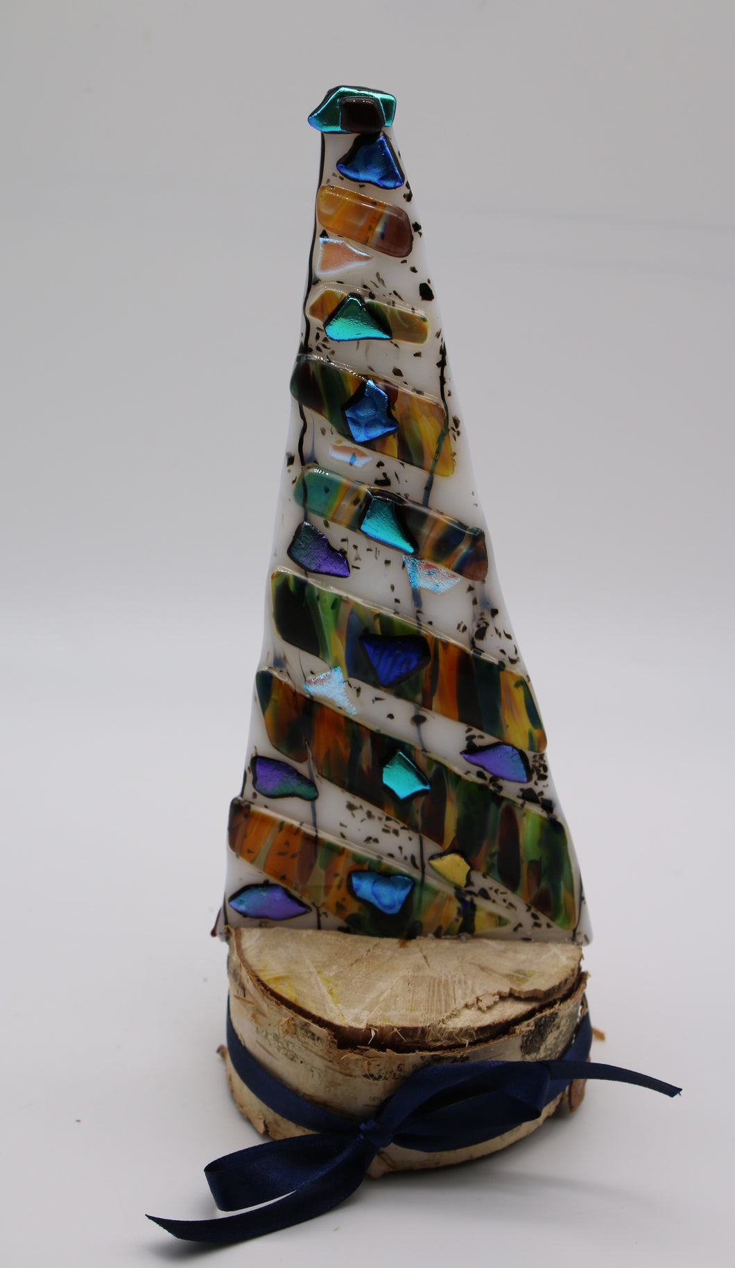 Christmas Tree with multicolor blown glass and dichroic pieces in birch Wood Stand