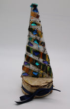 Load image into Gallery viewer, Christmas Tree with multicolor blown glass and dichroic pieces in birch Wood Stand
