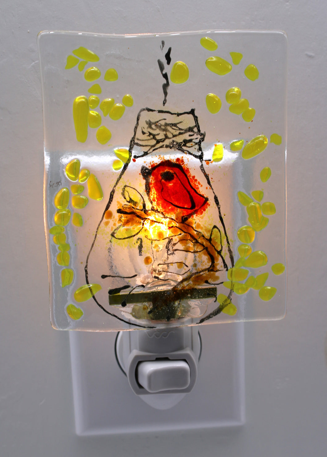 Red Bird in bulb Night Light on clear glass