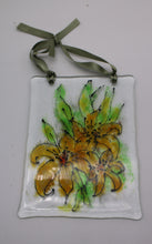 Load image into Gallery viewer, Yellow Lilies Suncatcher hung by green Ribbon
