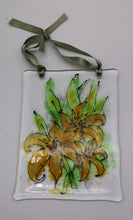 Load image into Gallery viewer, Yellow Lilies Suncatcher hung by green Ribbon
