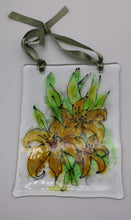 Load image into Gallery viewer, Yellow Lilies Suncatcher hung by green Ribbon
