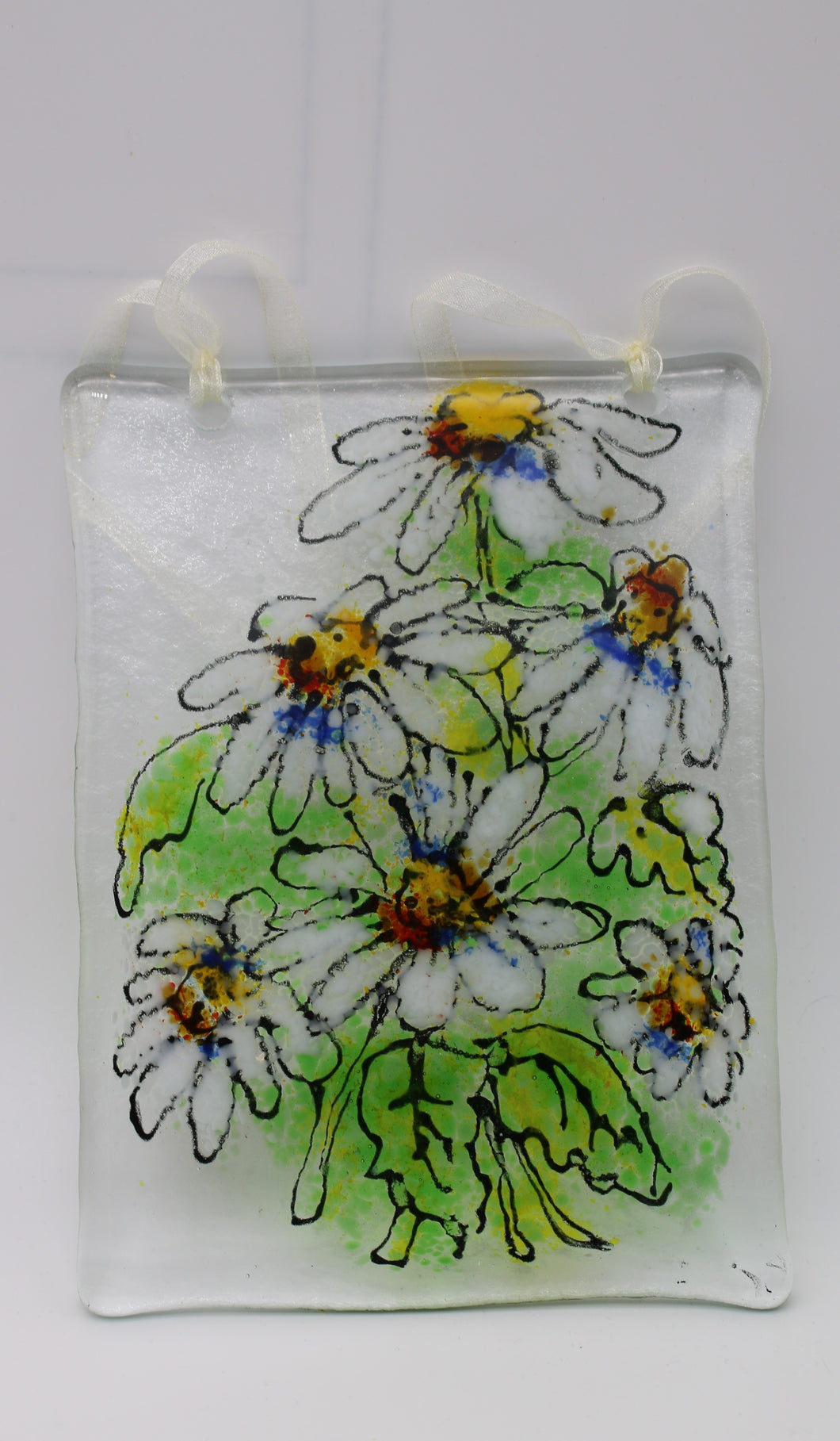 White Dasies Suncatcher hung with yellow Ribbon