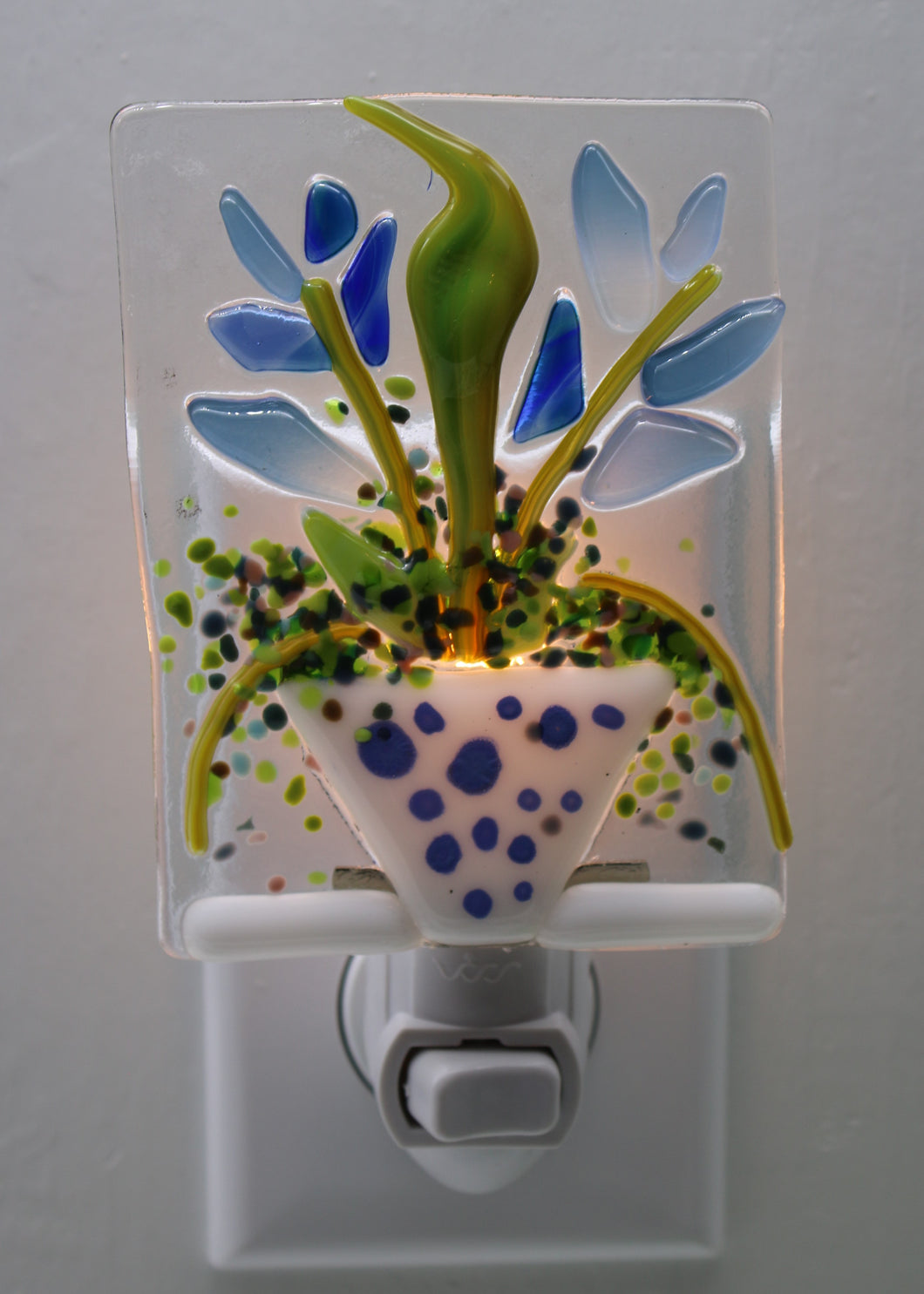 Blue Flowers in White and Blue Polka Dot Planter Night Light