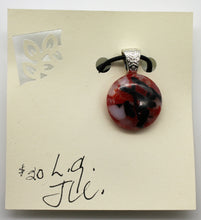 Load image into Gallery viewer, Jewelry- Necklace Round Clear Glass Pendant with red and white flakes and black strips embedded
