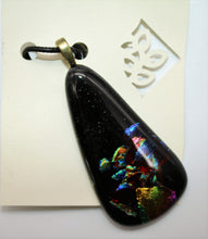 Load image into Gallery viewer, Jewelry - Teardrop Black Pendant Necklace with numerous colors of dichroic pieces embedded in glass
