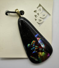 Load image into Gallery viewer, Jewelry - Teardrop Black Pendant Necklace with numerous colors of dichroic pieces embedded in glass
