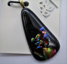 Load image into Gallery viewer, Jewelry - Teardrop Black Pendant Necklace with numerous colors of dichroic pieces embedded in glass
