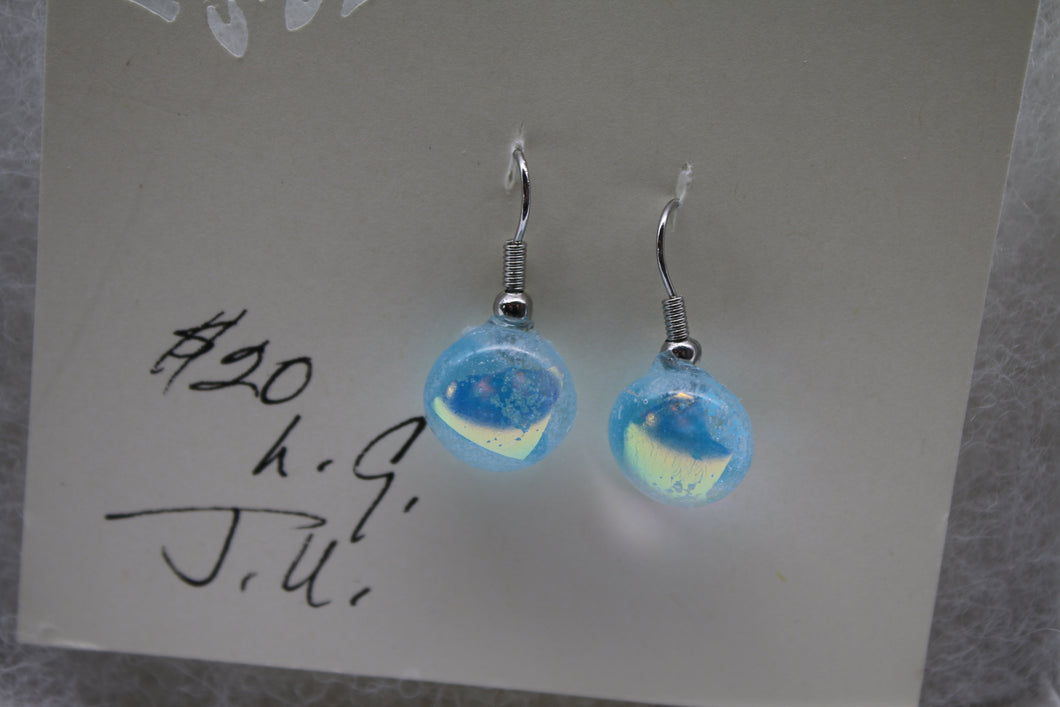 Jewelry - Light Blue with Dark blue flecks and dichroic Round Pierced Earrings