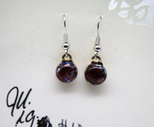 Load image into Gallery viewer, Jewelry -Tiny Round Dark Amber transparent glass with flecks of dichroic glass Pierced Earrings
