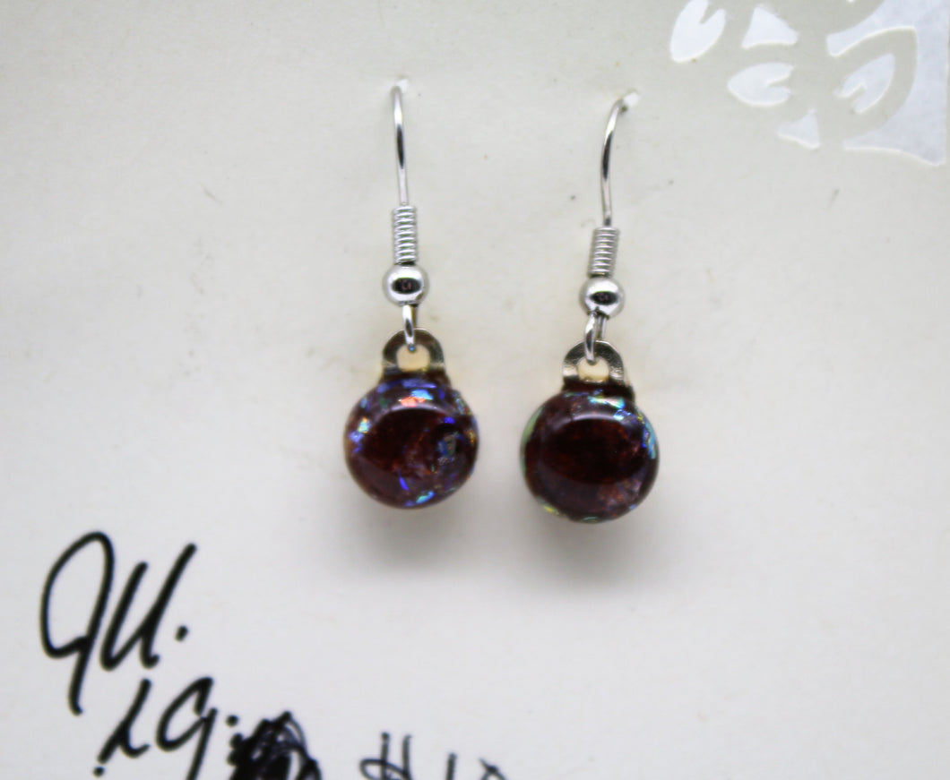 Jewelry -Tiny Round Dark Amber transparent glass with flecks of dichroic glass Pierced Earrings