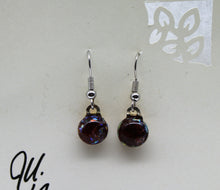 Load image into Gallery viewer, Jewelry -Tiny Round Dark Amber transparent glass with flecks of dichroic glass Pierced Earrings
