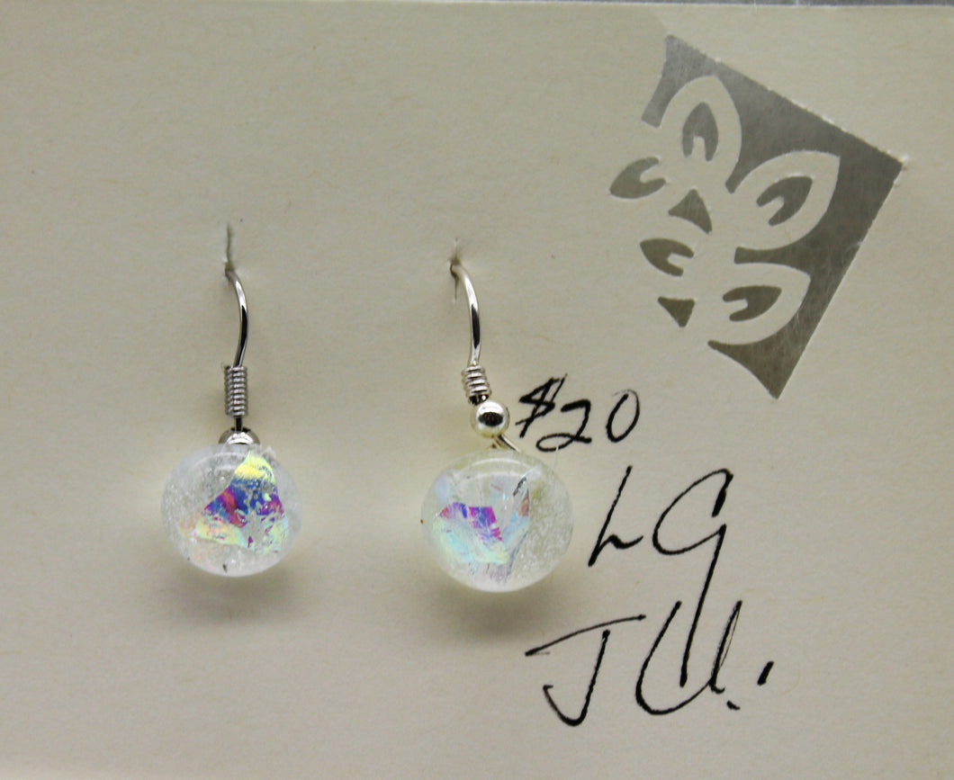 Jewelry -Round Clear with silver dichroic embedded glass Pierced Earrings