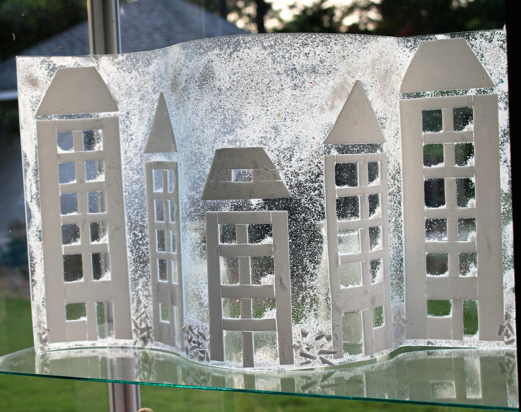 Snowy City in Winter on Wave Glass form