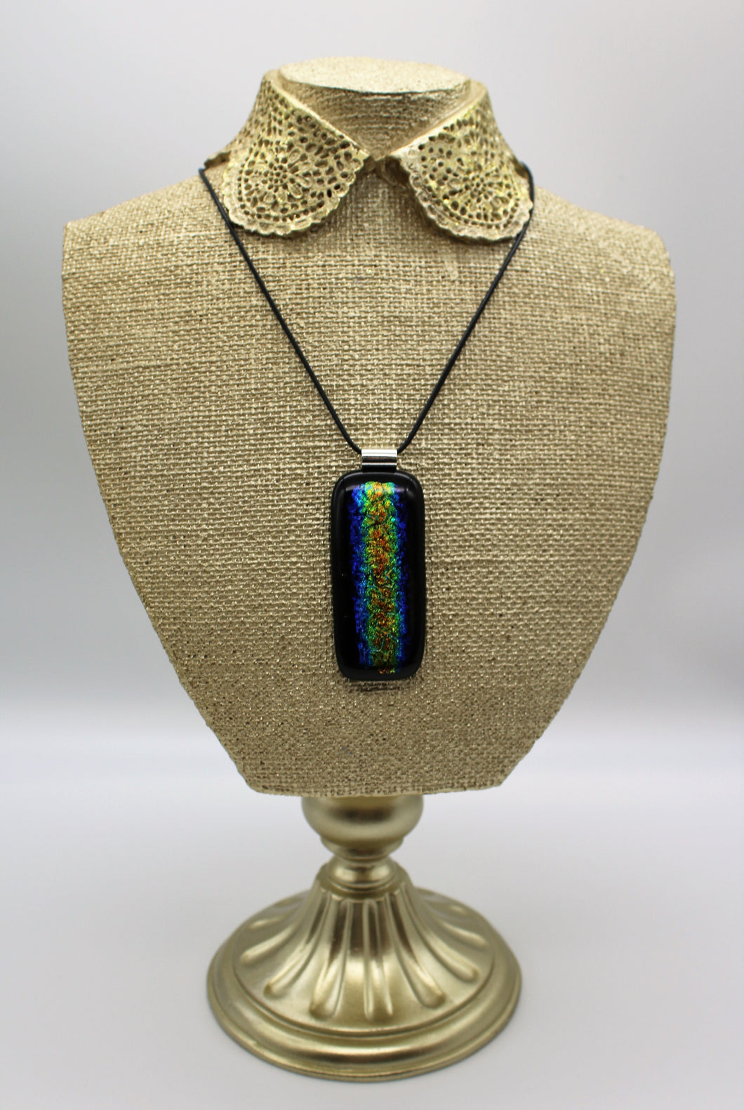 Jewelry - Oblong Black Pendant with Blue, Gold and Green Dichroic Stripe