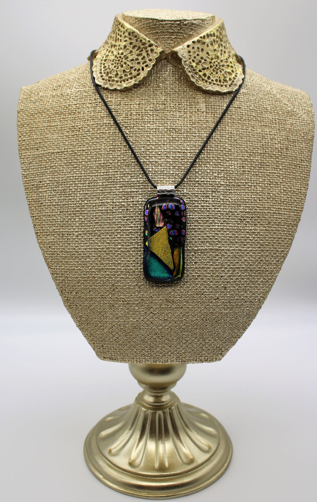 Jewelry - Medium Oblong Black Glass with various shapes and color of Dichroic Glass embedded