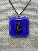 Load image into Gallery viewer, Jewelry - Small Square Transparent Blue with Triangle piece of Dichroic glass on black embedded in Glass pendant
