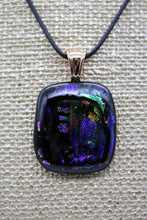 Load image into Gallery viewer, Jewelry - Small Square Black with Varying Color pieces of Dichroic glass embedded in Glass pendant
