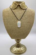 Load image into Gallery viewer, Jewelry - Small Oblong Opaque White with pieces of Silver and rainbow Dichroic glass embedded in Glass pendant
