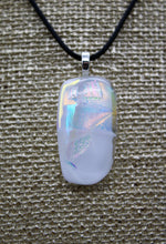 Load image into Gallery viewer, Jewelry - Small Oblong Opaque White with pieces of Silver and rainbow Dichroic glass embedded in Glass pendant
