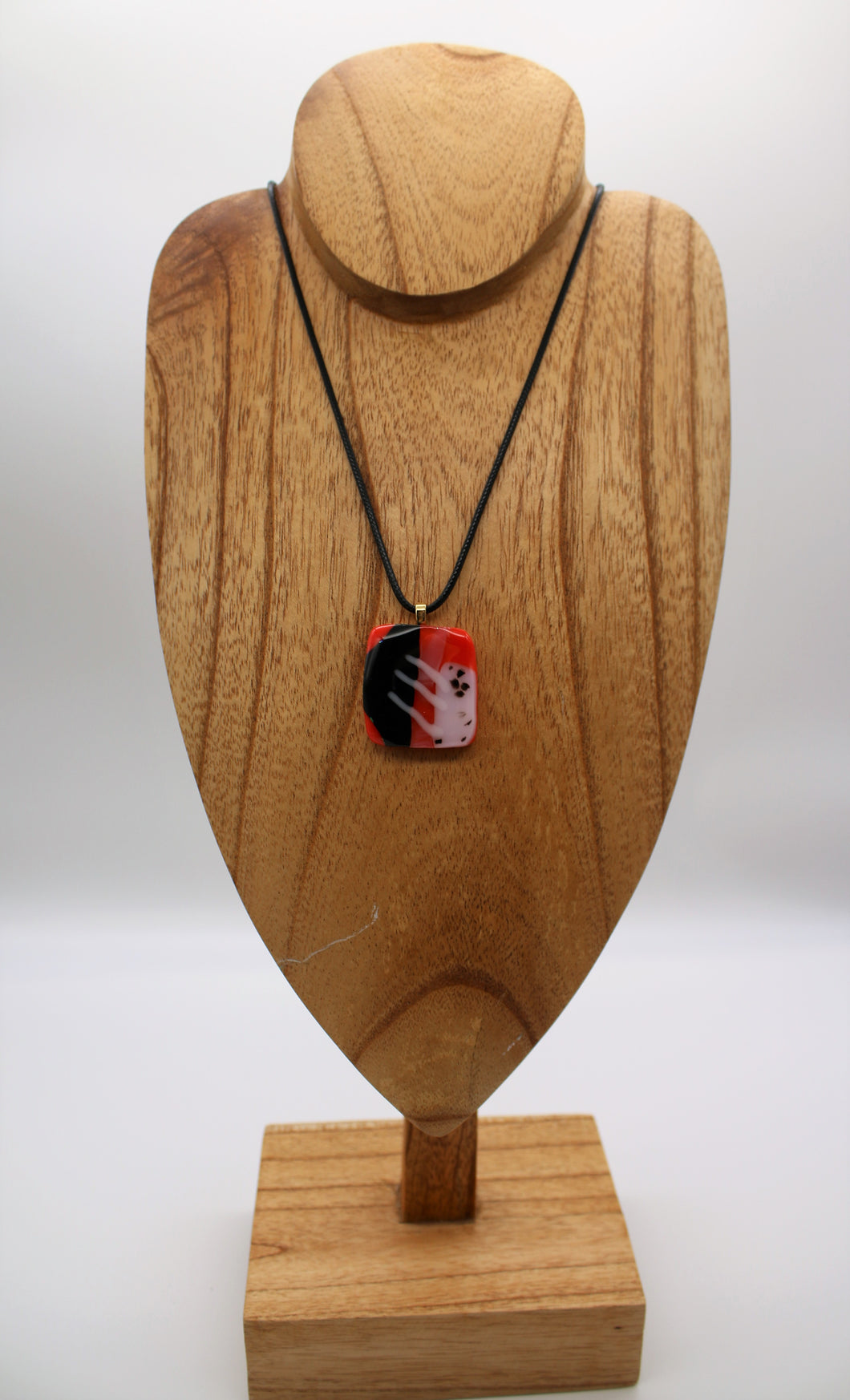 Jewelry - Small Square Abstract Red Opaque glass with black and white pieces embedded in glass pendant