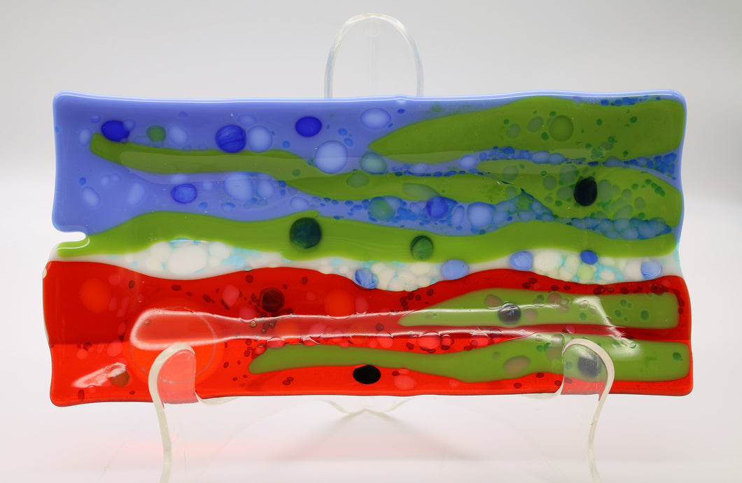 Oblong Small Abstract serving or decorative Plate - Colors are Blue, Green, Red and white