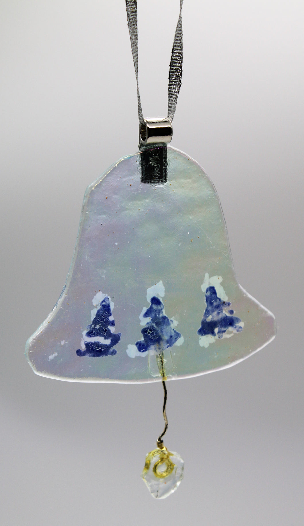 Rainbow Clear Glass Bell with painted Blue Trees Ornament