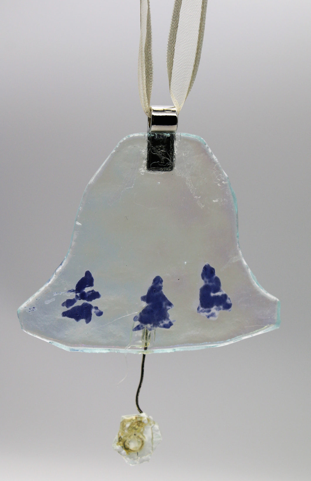 Rainbow Clear Glass Bell with painted Blue Trees Ornament